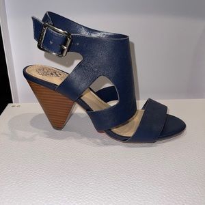 Vince Camuto navy sandal with chunky heel.